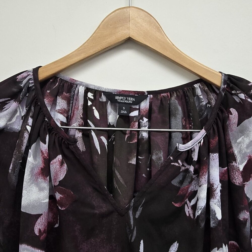 Simply Vera Vera Wang Semi Sheer Long Sleeve Blouse Plum Floral Sheer Sz Small - Picture 4 of 8